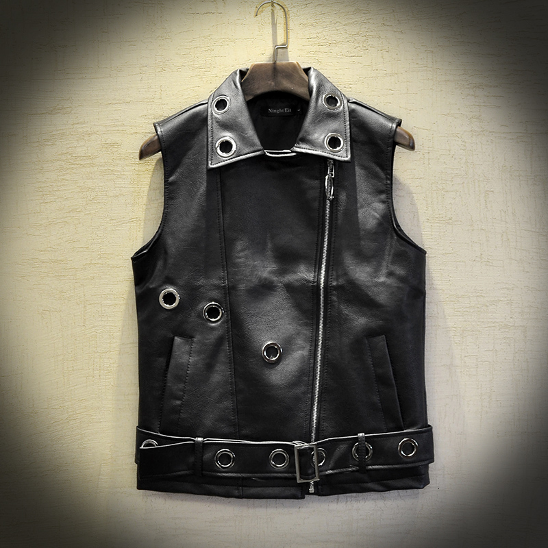 

2021 Spring/summer New Male Fashion Vest Slimming Country Tide Punk Motorcycle Leather Vest. TVE9, Black
