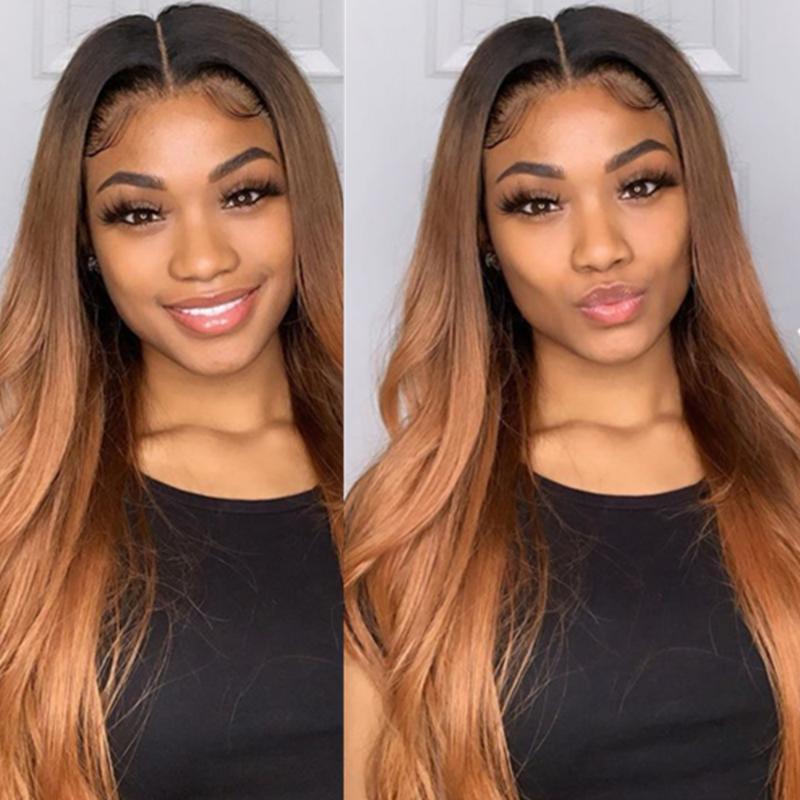 

Ombre Lace Front Wig Short Bob Wig Blonde Bone Straight Brazilian Human Hair For Black Women 4x4 Closure Lace Frontal Wigs 30in, Black;brown