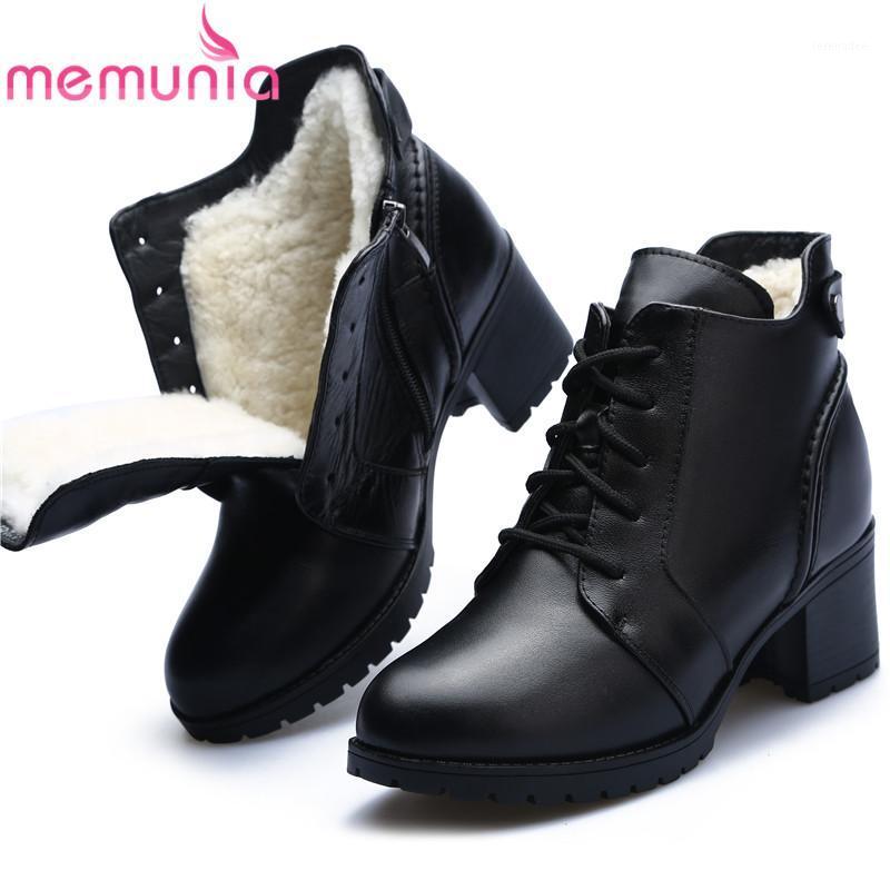 

MEMUNIA 2020 vintage ankle boots women top quality genuine leather wool boots high heels winter shoes women snow1, Black