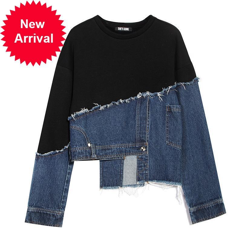 

2021 New High Quality New Spring Asymmetric Tide Denim Sewing Loose Big Casual Size Thick The-neck Sleeve Long Coat Short Clothes Lben, Beige