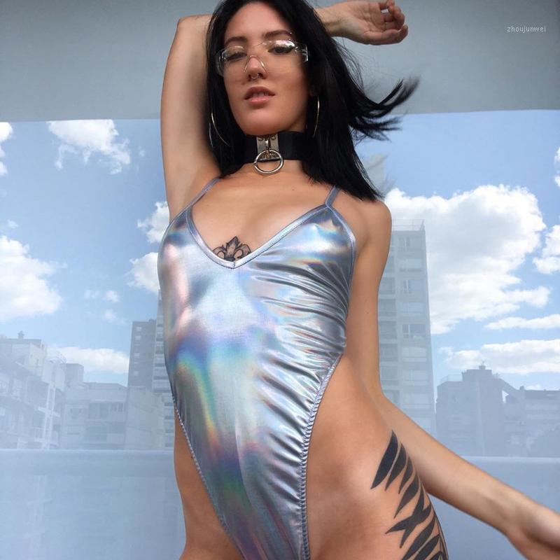 

Women' Jumpsuits & Rompers F Plus R Woman Fashion Silver Shiny Materials Bodycon Spaghetti Strap Bodysuit Sexy Backless Bar Club Slim Jumps