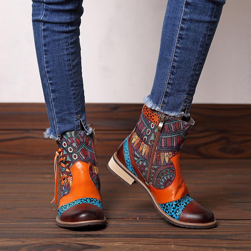 

Vintage Ladies Fashion Boots PU Fringed Cross Tied Print Patchwork Zipper Low Heel Women's Ankle Boots Floral Bohemian, Red