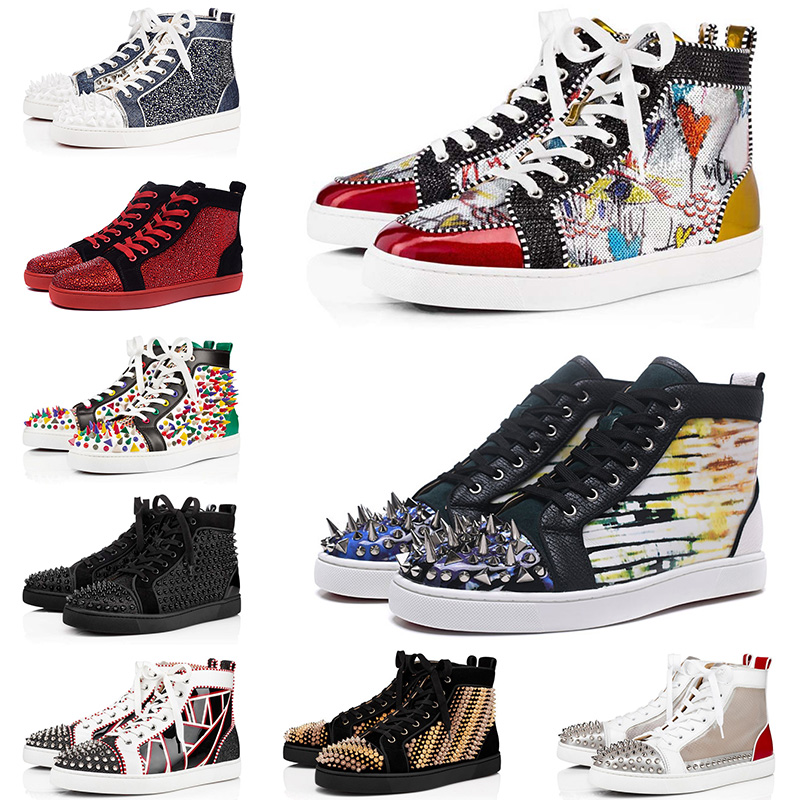 

2021 Red Bottom Sneakers Casual Shoes Mens Womens Low High Designer Full Spikes Roller Boat Flats Skateboard Loafers Luxury Man Woman Shoe, Black