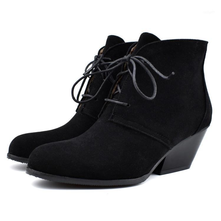 

PXELENA Hot 34-43 Retro British Flock Women Ankle Boots Chunky Block Med Heel Lace Up Western Boots Office Lady Work Daily Shoes1, Brown