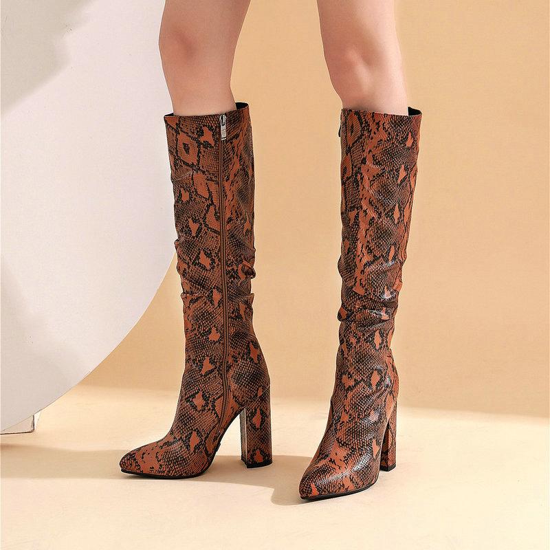 

2021 Winter Autumn Spring Women Knee Length Boots Faux Leather Pleated Round Toe Boots Square Thick Heel Ladies, Brown