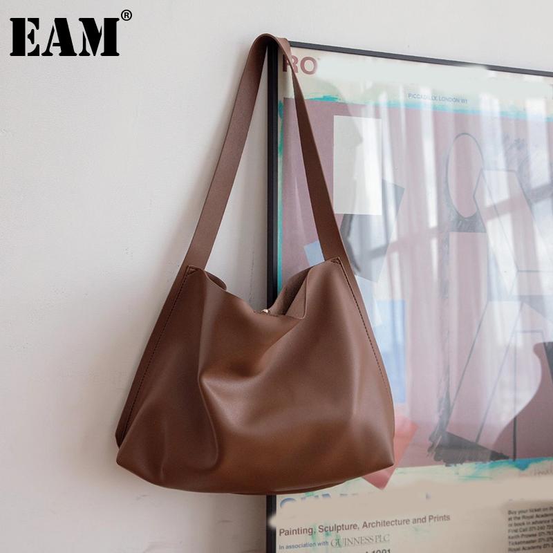 

[EAM] Women New Vintage Large Tote Bag Soft PU Leather Personality All-match Crossbody Shoulder Bag Fashion Tide 2021 18A1413, Black