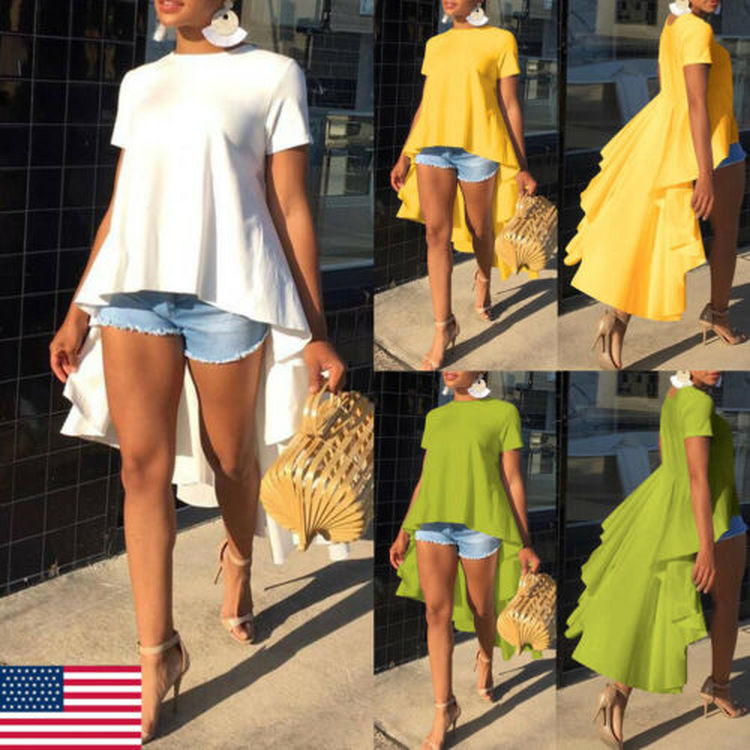 

2019 New Fashion Women's Solid Casual Loose Short Sleeve Irregular Tunic Top Long Tail T-Shirt, Yellow