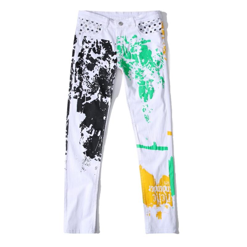 

Casual Printed Jeans Men Vintage Slim Straight Biker Jeans Slim Elasticity Pant Male Denim Pant Plus Size 42, Beige