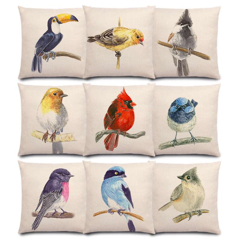 

Lovely Birds Watercolor Painting Robin Titmouse Toucan Fairy Sparrow Firecrest Cardinal Bullfinch Cushion Cover Pillow Case, A016215