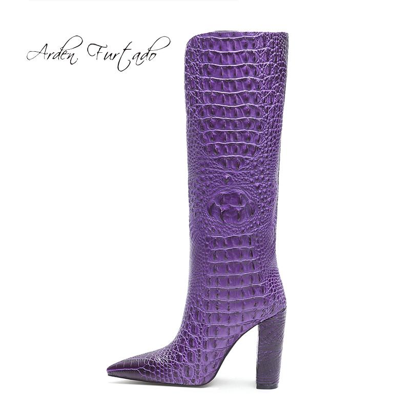 

Arden Furtado 2020 spring autumn ladies chunky heels women's boots purple grey blue brown knee high boots large size 44 45 new, Beige