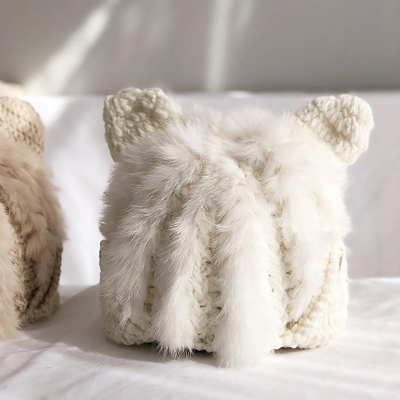 

Fashion Fur Wool Knitted Hat Winter Women's Hat Skullies Beanies For Women Girls Cat Ears Solid Color Casual Cap, White