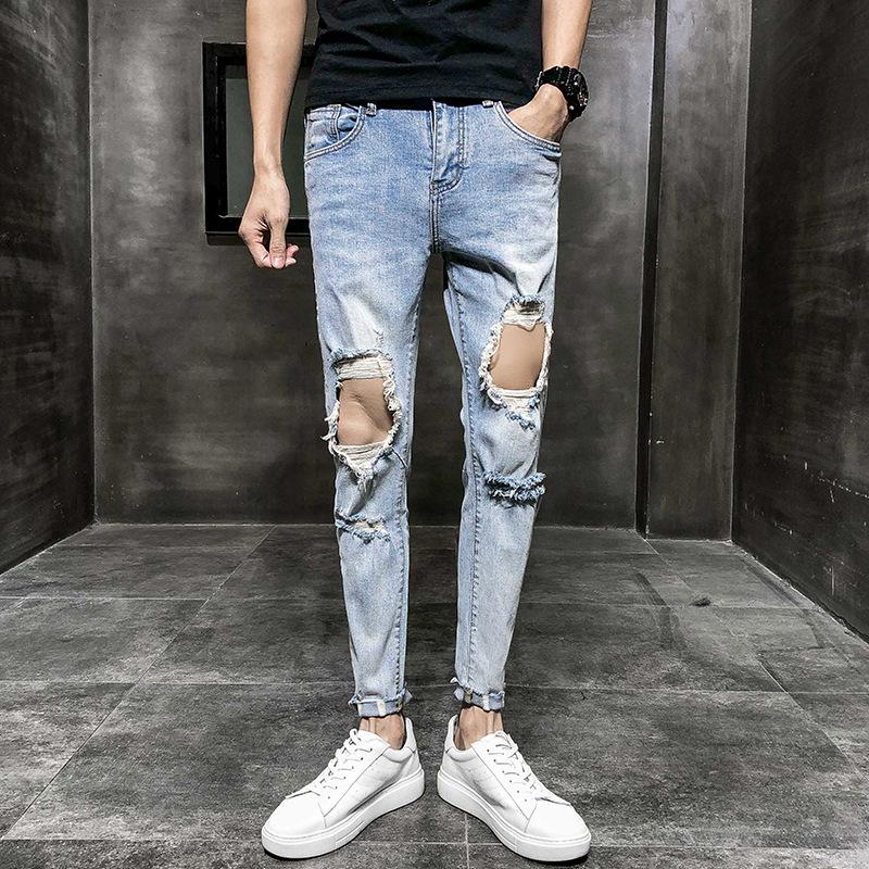 

Summer 2021 light blue ripped slim jeans male spirit guy tight-fitting pants trend ankle length beggar pants