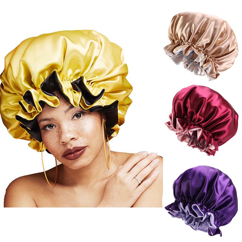 

Wholesale New fashion 6 Colors Satin bonnet Ladies Elastic sleepcap Women double layer nightcap, Black