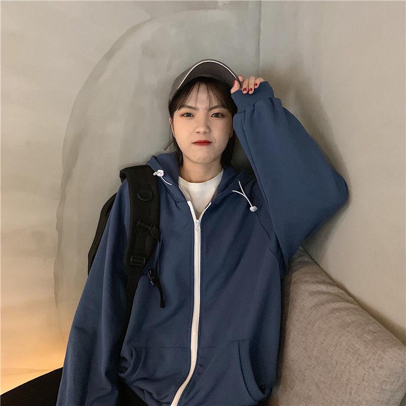

Women's Cotton Oversized Hoodies Korean Boyfriend Letter embroidery Autumn Sweatshirt 2021 Female Student Hooded Coat Streetwear, Navy