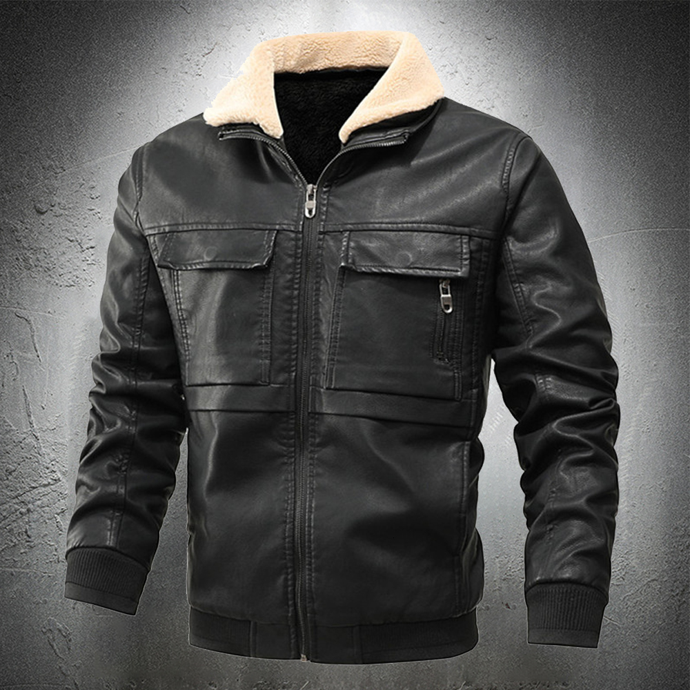 

2021 New Pu Leather Vintage Turn-down Collar Motor Winter Jacket Fur Lined Men Fashion Clothing Slim Fit TQ8C, Brown