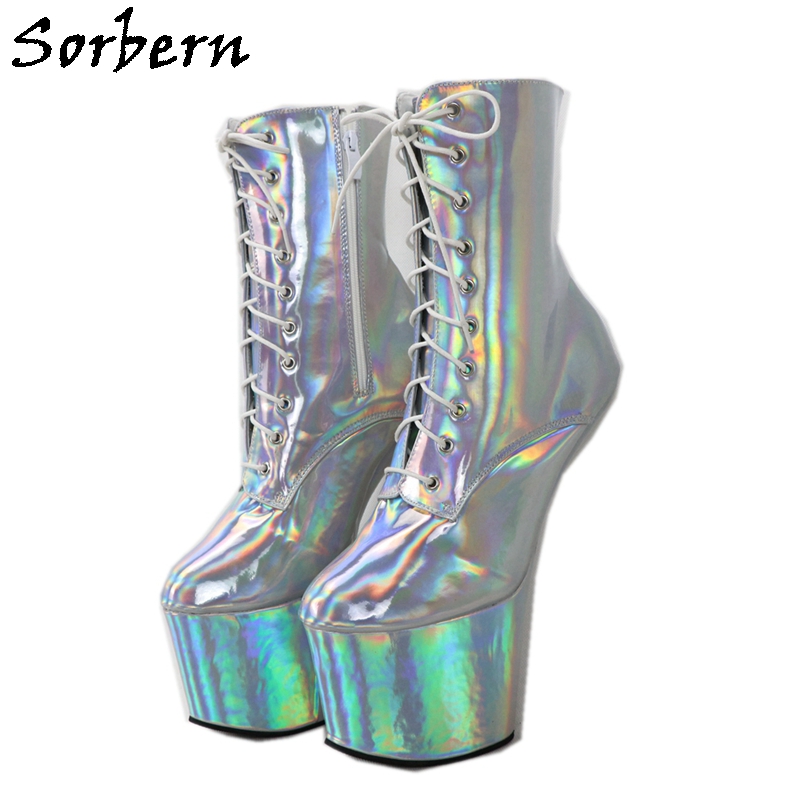 

Sorbern Holographic Silver Heelless Boots Women Platform Ankle High Unisex Boot Pole Dancer High Heel Booties Custom, Custom color