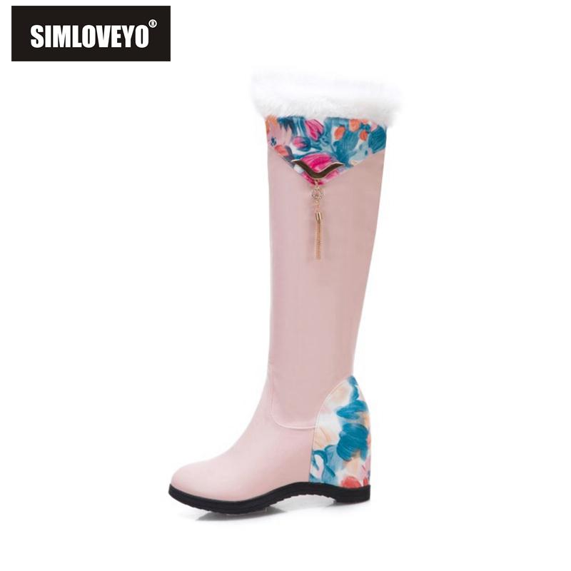 

SIMLOVEYO Winter Knee-high boots Furry Wedged 6cm Height Increasing Zipper Floral Fringe Big size 34-43 White Casual B2121, Black