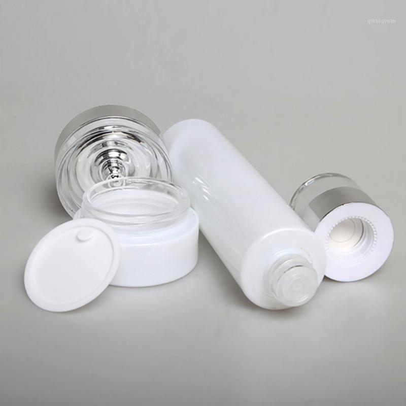 

100 ml Cosmetic Bottle,Glass Body Skin Care Toner Bottle with Silver Caps1
