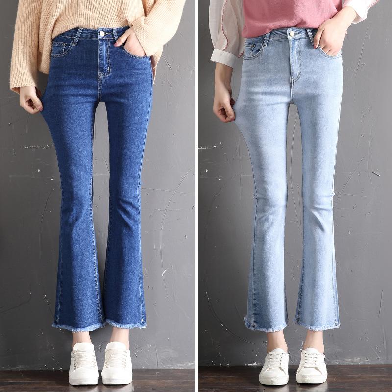 

Flare Jeans For Women Button Pockets High Waist Solid Color Elastic Korean Style Street Wear Woman Baggy Pants Ankle-Length, Black