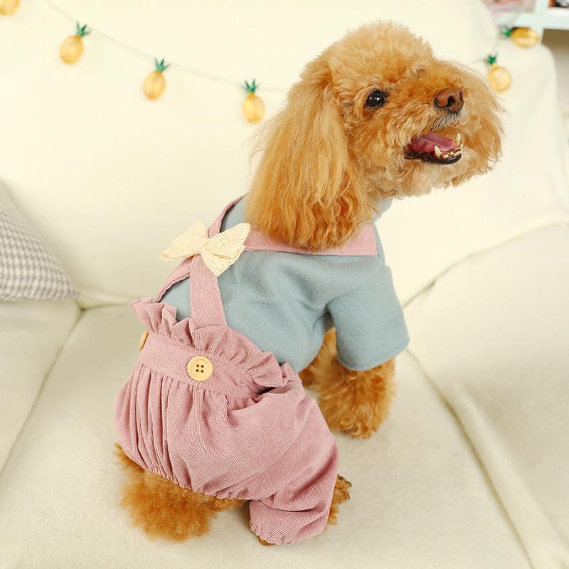 

Pet Dog Cat Four Legged Jumpsuit Teddy Pomeranian Bichon Dog Comfortable Fashion Lace Bowknot Rompers Shirt Pants Casual Clothes, Pink