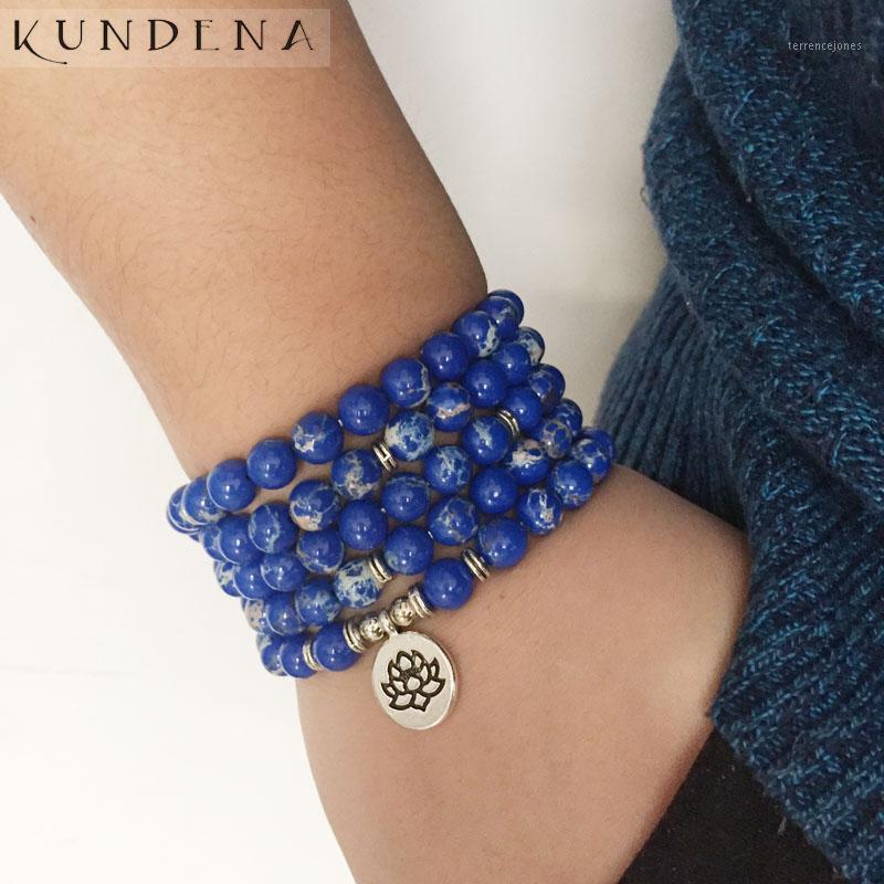 

Tennis 5 Wraps Blue Stone Beaded Bracelet Yoga Lotus Buddha Charm 108 Mala Beads Royal Emperor J-asper Healing OM Men1