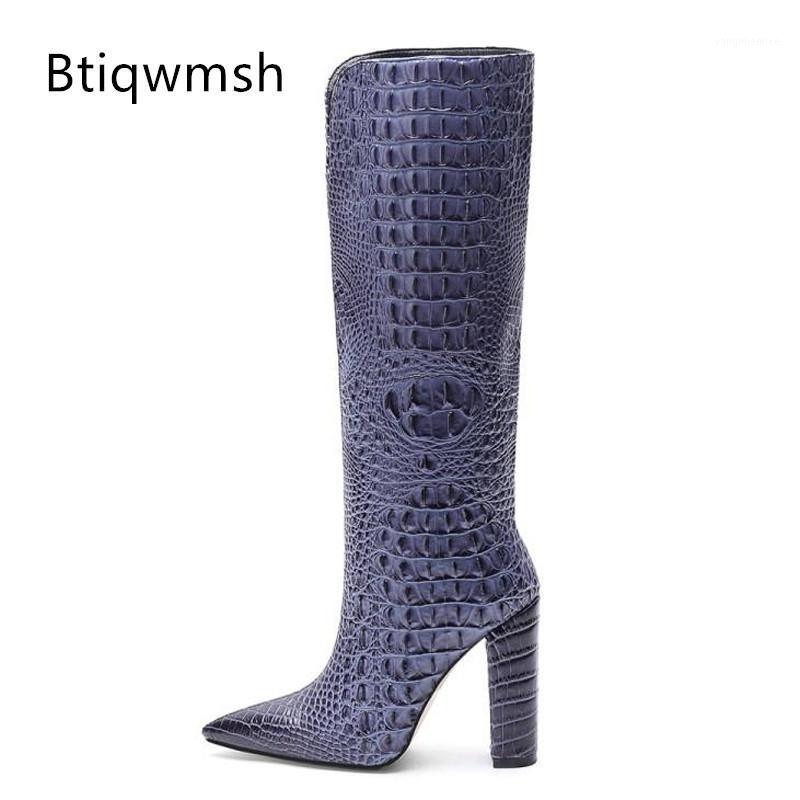 

Purple Crocodile pattern Knee High Boots Women Pointed Toe Brown Beige Leather High Heel Botas Femme Fashion Knight Boots1, Beige plush inside