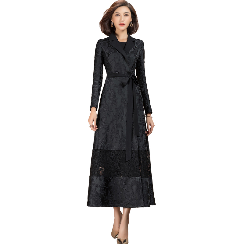 

New Spring Long Floral Black Jacquard Coat Woman A421