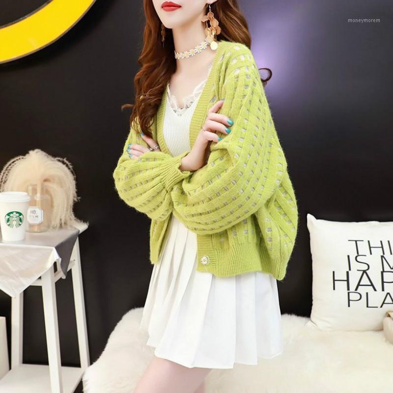 

Knitted Cardigan Women Vintage Sweet Sweater Casual Long Sleeve Loose Knit Sweater Women Chic Elegant New 2020 Women' Autumn1, Green