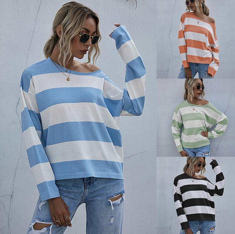 

Fashion Tops Ladies Striped Loose O Neck Long Sleeve Knitted Sweater Women Casual Pullover Female Sweater Knitted, Black