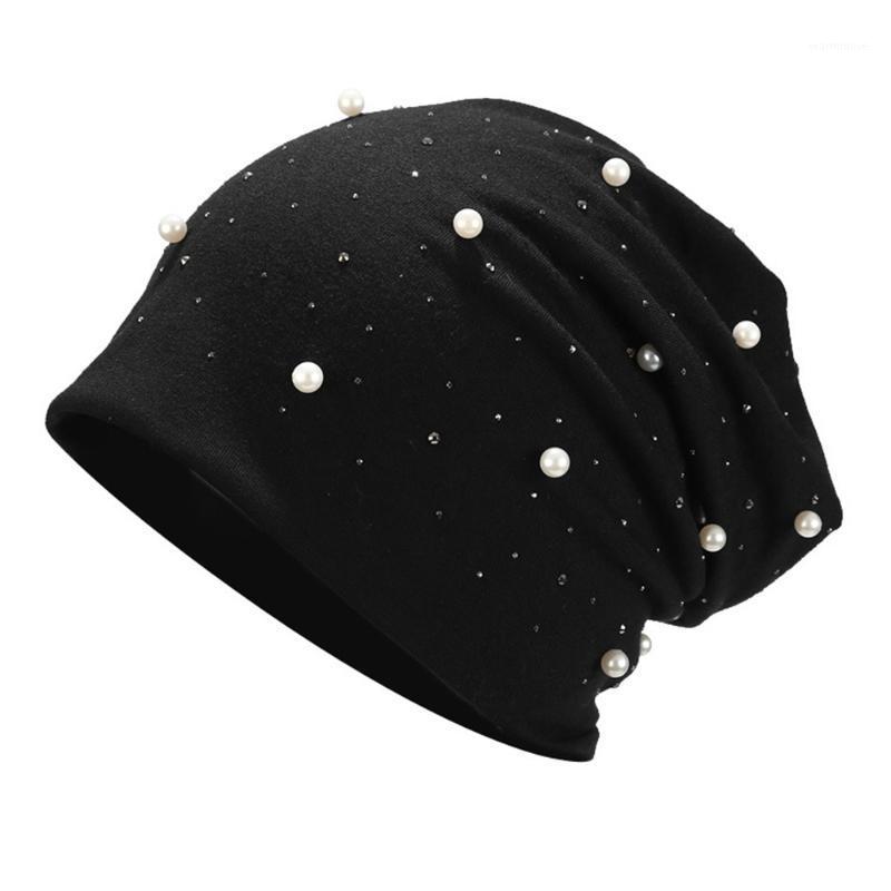 

Women Decoration Autumn Beanie Hat Elastic Free Size Casual Cotton Blend Rhinestones Wrap Adults Warm Shine Pearls Elegant1, Black