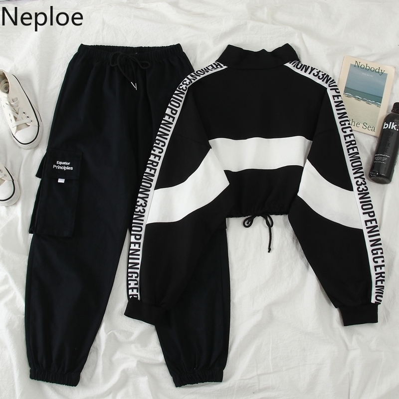 

Neploe Women Sweatpants Safari Style Korean Lace Up Stretch High Waist Trousers New Letter Pockets Causal Cargo Pant 4C412 201106, Black tops