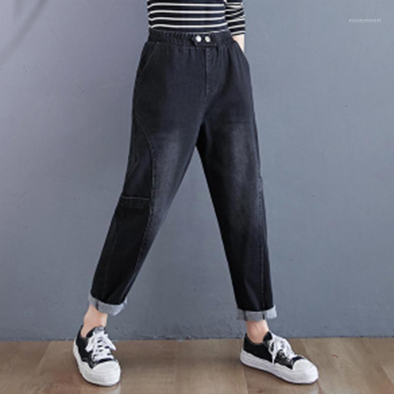 

2021 New Arrival Autumn Women Loose Casual Button Design Cotton Denim Patchwork Jeans Elastic Waist Ankle-length Pants A5501, Black