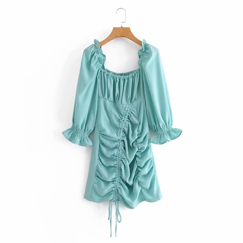 

2021 New Elegant Chic Dress Fashion Ladies Thin Square Turtlenecks Sexy Girly Sweet Drawstring Mini Dresses KKUV, Sky blue
