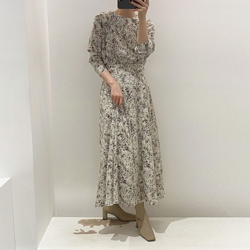 

Womens Spring 2021 New Elegant Fashion Print Midi Vintage Long Sleeve Pleated Female Es Vestidos Mujer Qcu7, Black