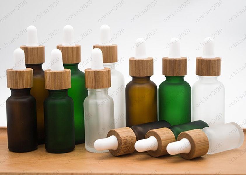 

30ml Bottles Frosted Clear Glass Dropper Bottle with Bamboo Lid Cap Essential Oil Green Perfume