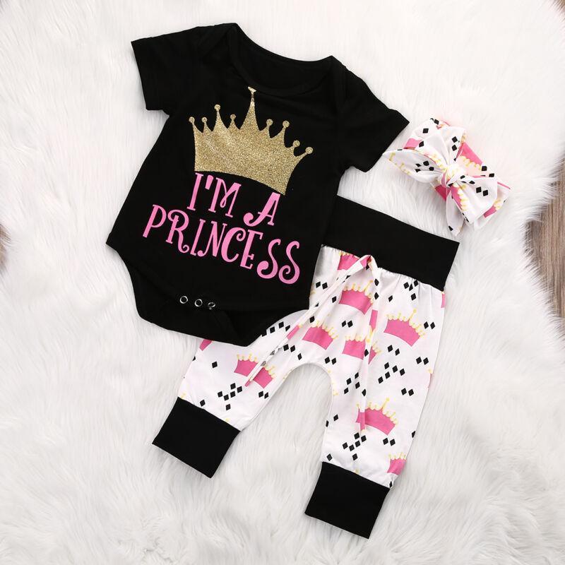 

New Infant Baby Girls Crown Tops Bodysuits Pants Leggings Headband 3pcs Cute Clothing Baby Girl Outfits Set1, As pic