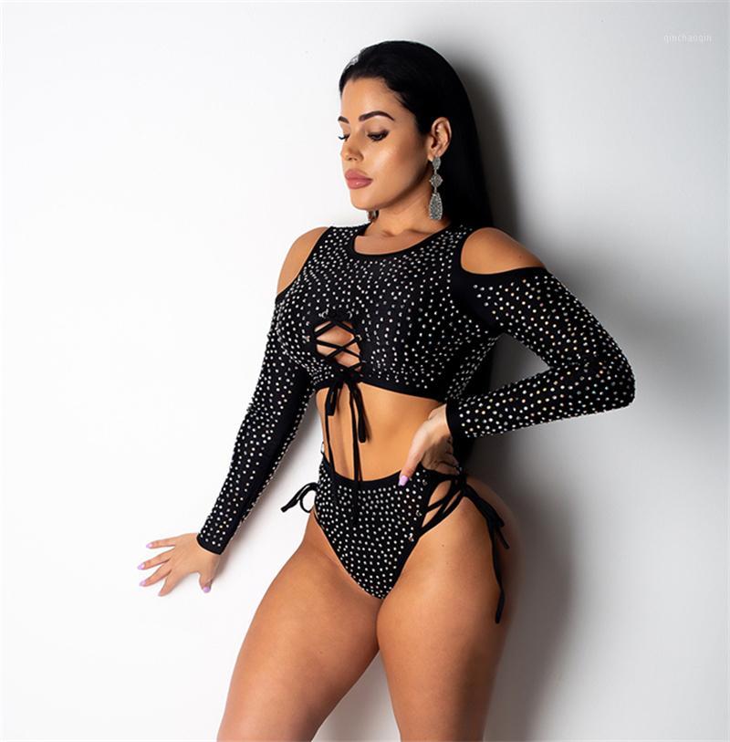 

Summer Women' Crystal Long Sleeve Tops Bikini Set Swimwear Swimsuit Beachwear Sexy Off Shoulder Lace Up Swimwear1