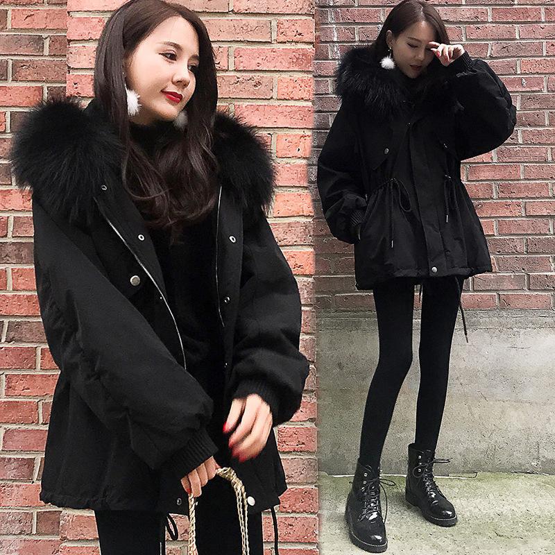 

new fat mm coat winter women' thickened Cotton padded jacket women' fur collar short and medium length Plush, Black