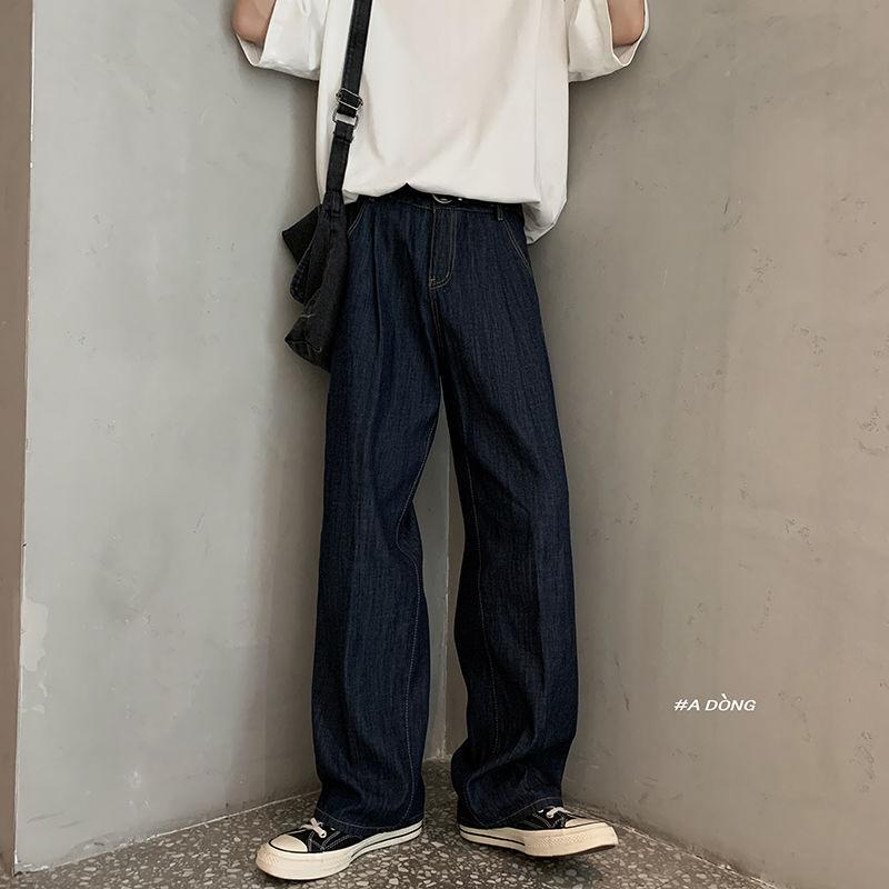 

Korean Style Straight Jeans Men's Fashion Casual Retro Blue Jeans Men Streetwear Wild Loose Hip-hop Denim Trousers Mens -2XL, Navy blue