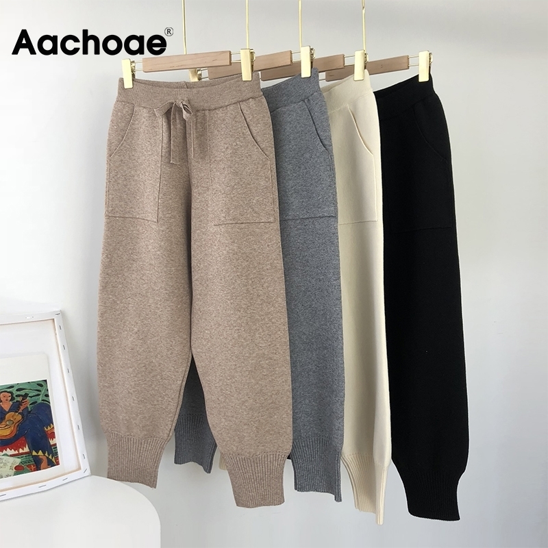 

Aachoae Autumn Winter Knitted Pants Women Elastic Waist Drawstring Trousers Long Pencil Pants With Pockets Ladies Bottoms 201228, Gray