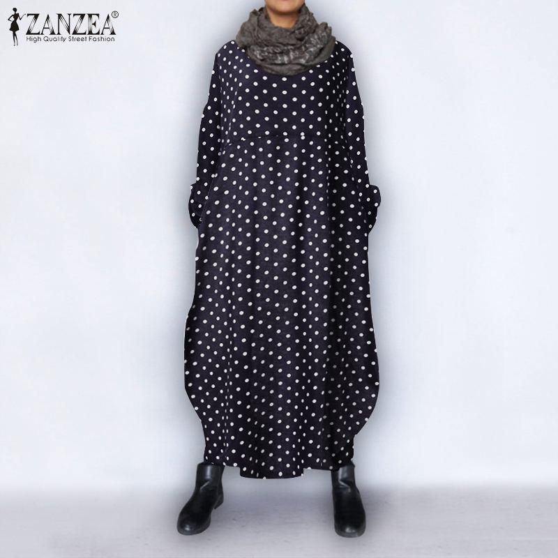 

Spring Long Sleeve Sundress ZANZEA Women Casual O neck Ruffles Vestido Bohemian Polka Dot Printed Beach Dress Female Kaftan Robe, Army green