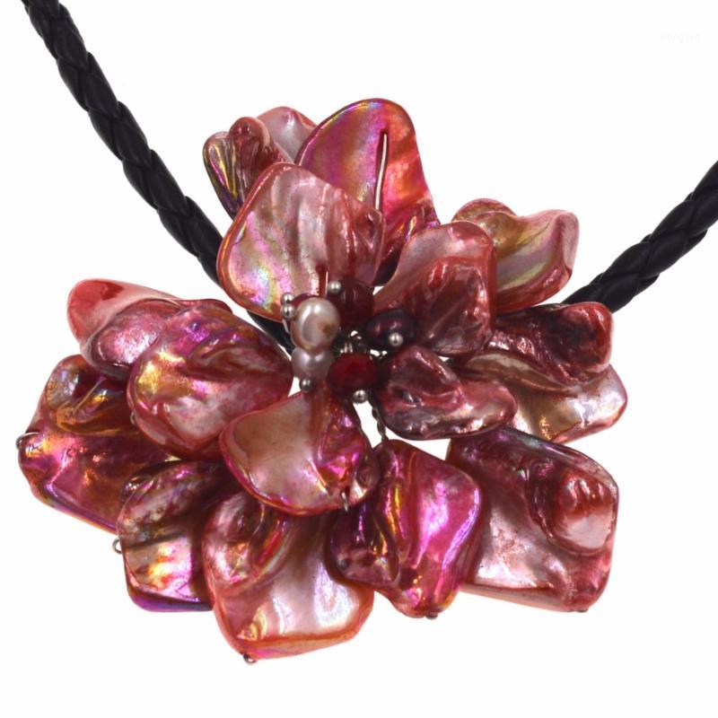 

Chokers SALE Baroque Red Shell Flower & Pearl Pendant Black Rope 18'' Necklace 11 Color U Pick1