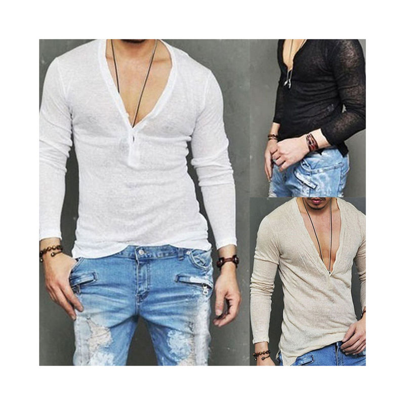

Fashion Men Casual Slim Fit Long Sleeve Deep V-neck Sexy Shirt T-shirts, White