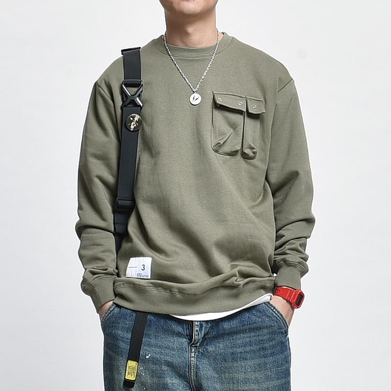 

Spring Autumn New Cotton Sweatshirts Men Women Round Neck Pullover Loose Clothing Long Sleeve Street Tooling Trend Youth Pocket, Army green