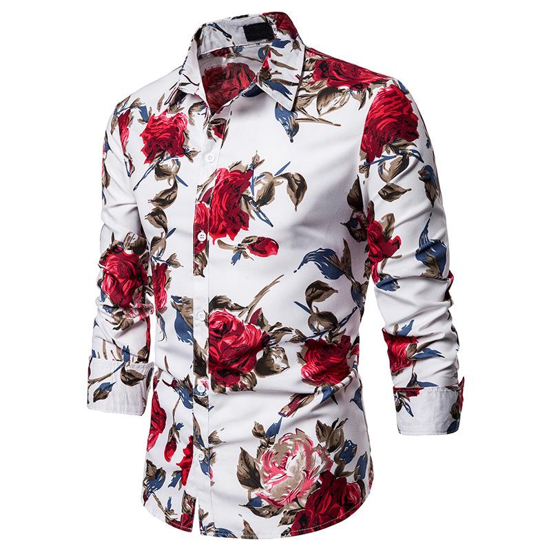 

Men Red Floral Print Shirt 2020 Spring Autumn Casual Long Sleeve Shirt Men Camisas Hombre Slim Fit Mens Button Down Dress Shirts, As picture show