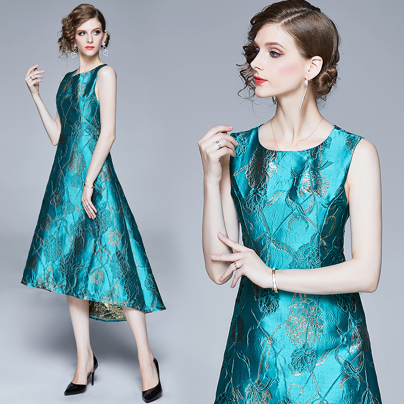 

2021 New Women Elegant Jacquard Party Sleeveless O-neck Tank A-line Ball Gown High Quality Summer Vintage r Q0t2, Blue
