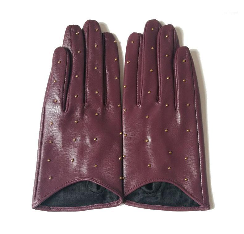 

Five Fingers Gloves 2021 Half Palm Glove Studs Pins Rivets Driving Fashion Genuine Real Goat Leather Women Mittens G5941
