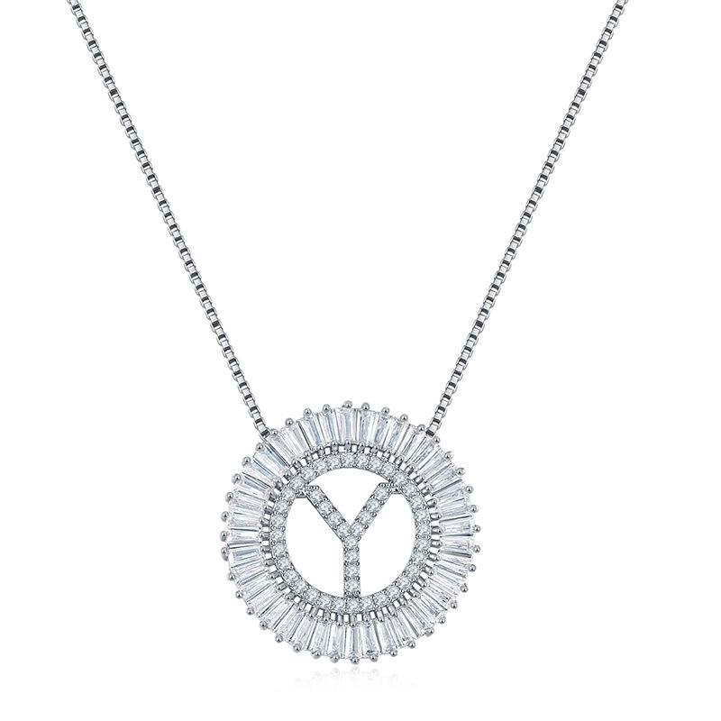 

Sparkling White Crystal Cubic Zirconia Circle English Letter Alphabet Pendant Long Chain Necklaces Personality Jewelry