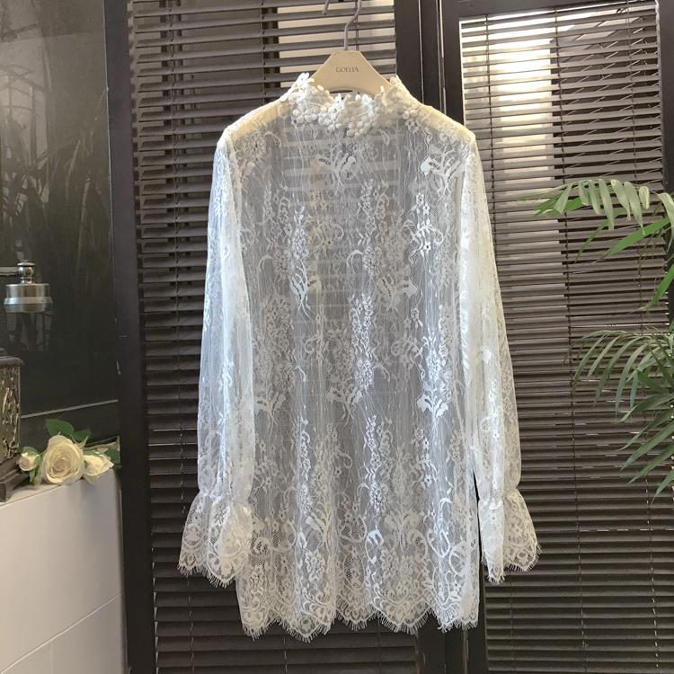 

Women Sweet Hollow Out Lace Blouses Full Sleeve Shirts Female Solid Elegant Full Flare Sleeve Blouse Tops Undershirts For Girls, Black