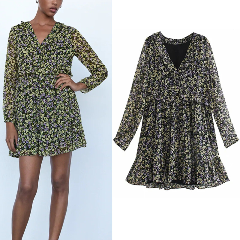 

2021 New Floral Print Mini Women Chiffon Long Sleeve V-neck Ruffle Dress Woman Fashion Button Loose Casual Laddies Dresses Ddgu